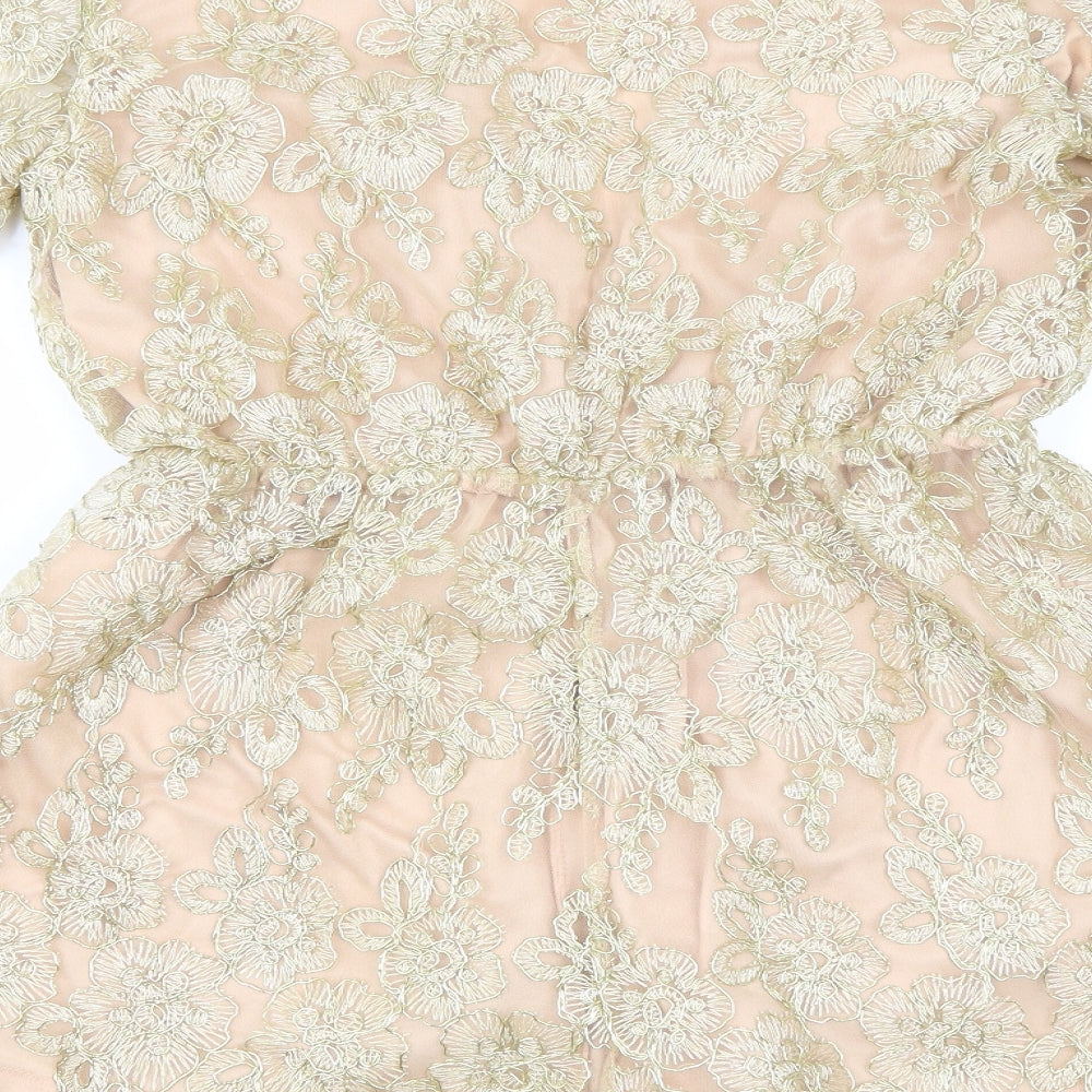 Boohoo Womens Gold Floral Polyamide Playsuit One-Piece Size 12 Pullover