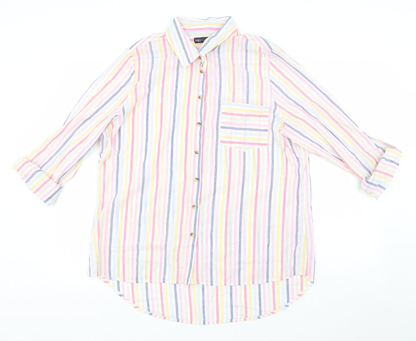 Marks and Spencer Womens Multicoloured Striped Cotton Basic Button-Up Size 16 Collared