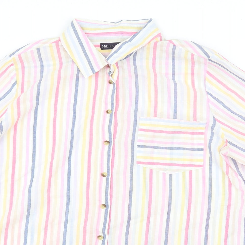 Marks and Spencer Womens Multicoloured Striped Cotton Basic Button-Up Size 16 Collared