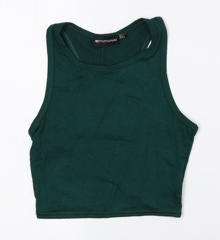 PRETTYLITTLETHING Womens Green Viscose Cropped Tank Size 4 Crew Neck