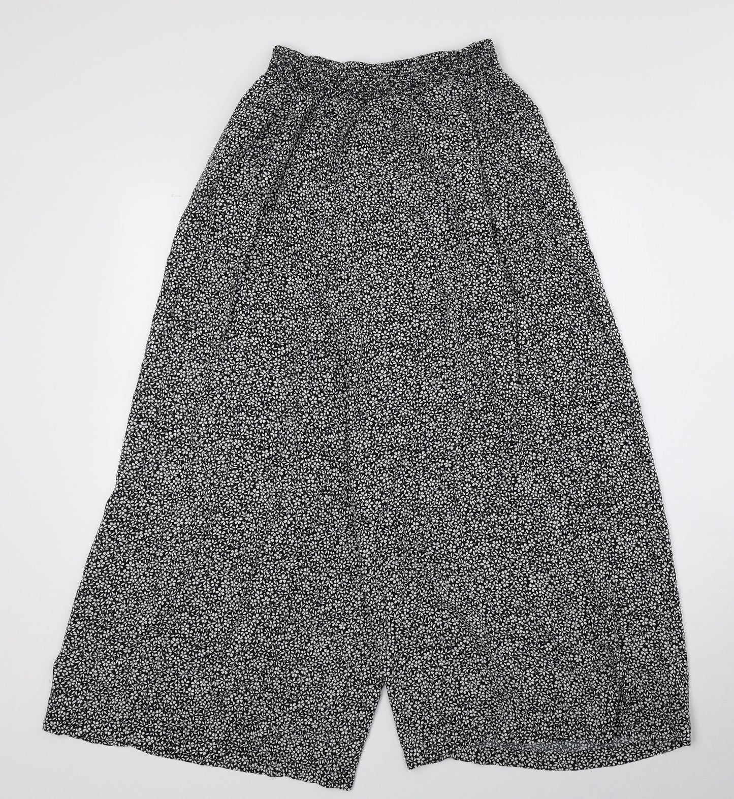 New Look Womens Black Floral Viscose Cropped Trousers Size 10 L20 in Regular - Black and White, Elasticated Waist