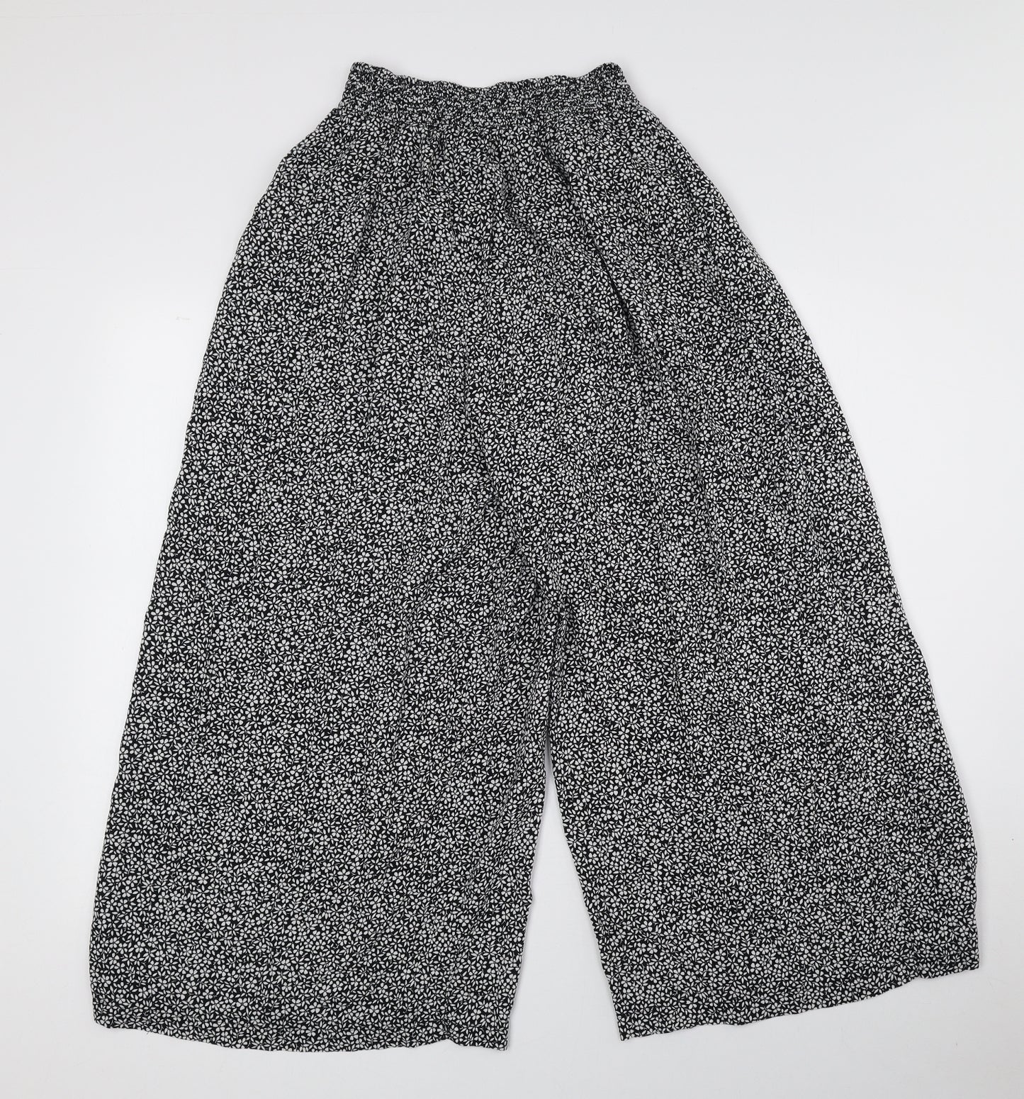 New Look Womens Black Floral Viscose Cropped Trousers Size 10 L20 in Regular - Black and White, Elasticated Waist