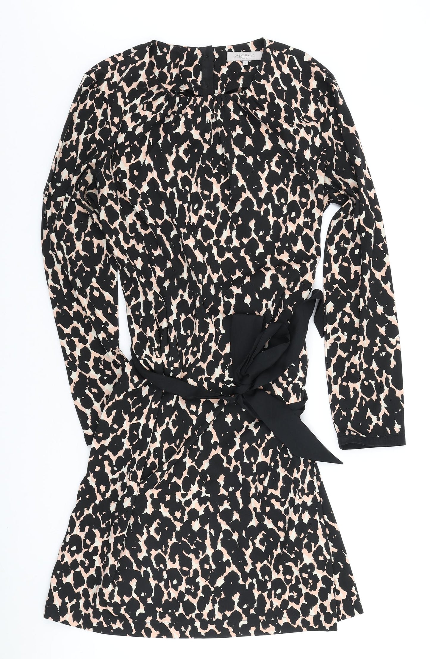 Great Plains Womens Black Animal Print Polyester A-Line Size L Round Neck Button