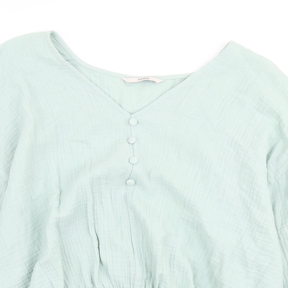 George Womens Green Cotton Basic Blouse Size 14 V-Neck