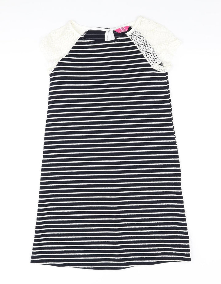 Young Dimension Girls Blue Striped Polyester A-Line Size 12-13 Years Round Neck Button - Lace sleeve detail