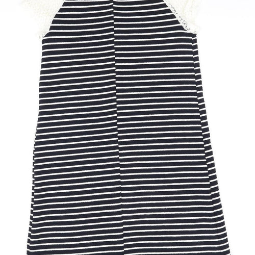 Young Dimension Girls Blue Striped Polyester A-Line Size 12-13 Years Round Neck Button - Lace sleeve detail