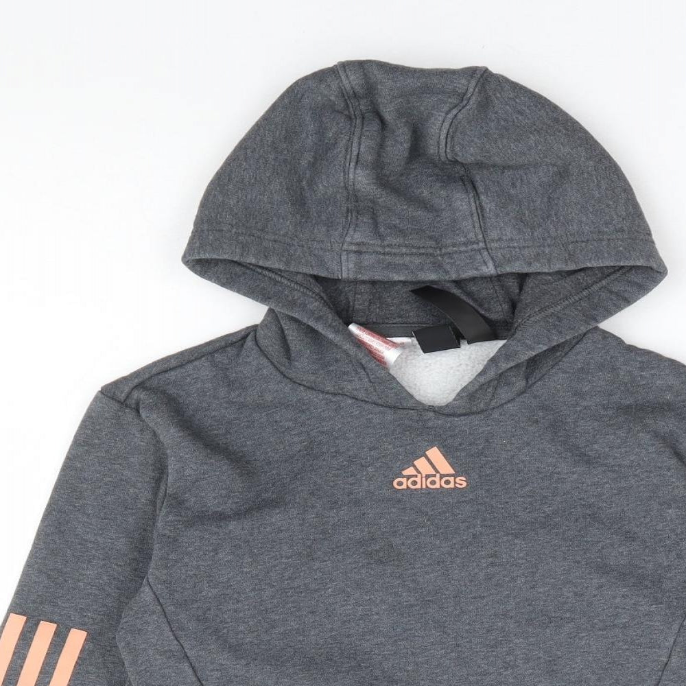 adidas Girls Grey Cotton Pullover Hoodie Size 7-8 Years Pullover - Cropped