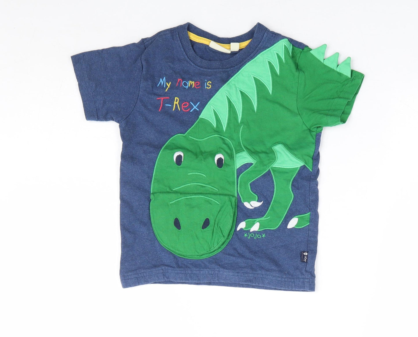 JoJo Maman Bébé Boys Blue 100% Cotton Basic T-Shirt Size 4-5 Years Round Neck Pullover - Dinosaur