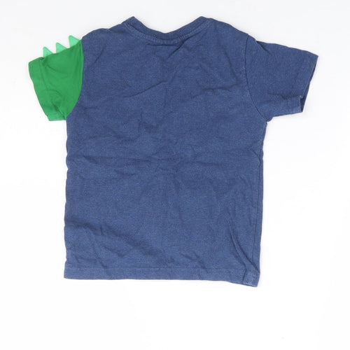 JoJo Maman Bébé Boys Blue 100% Cotton Basic T-Shirt Size 4-5 Years Round Neck Pullover - Dinosaur