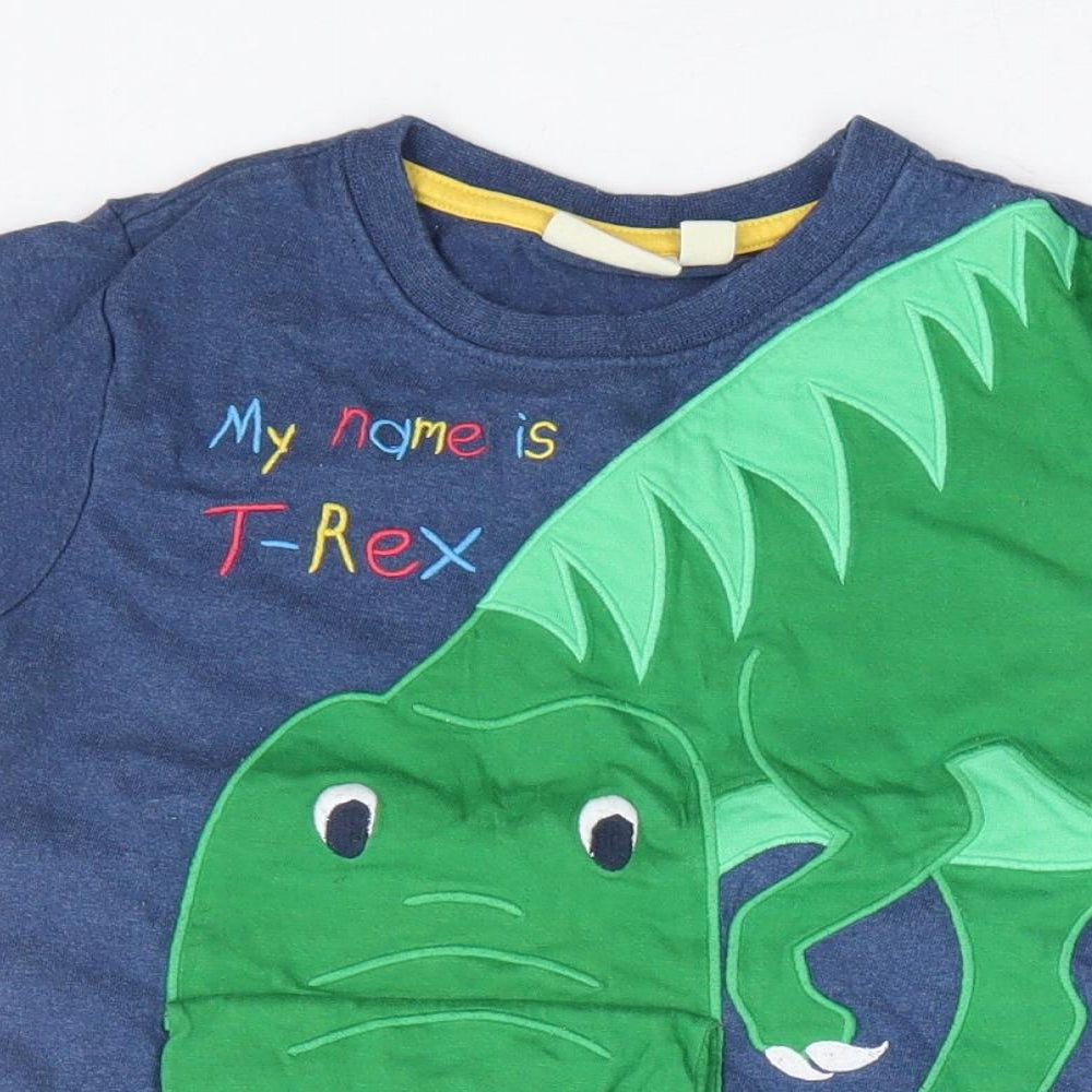 JoJo Maman Bébé Boys Blue 100% Cotton Basic T-Shirt Size 4-5 Years Round Neck Pullover - Dinosaur