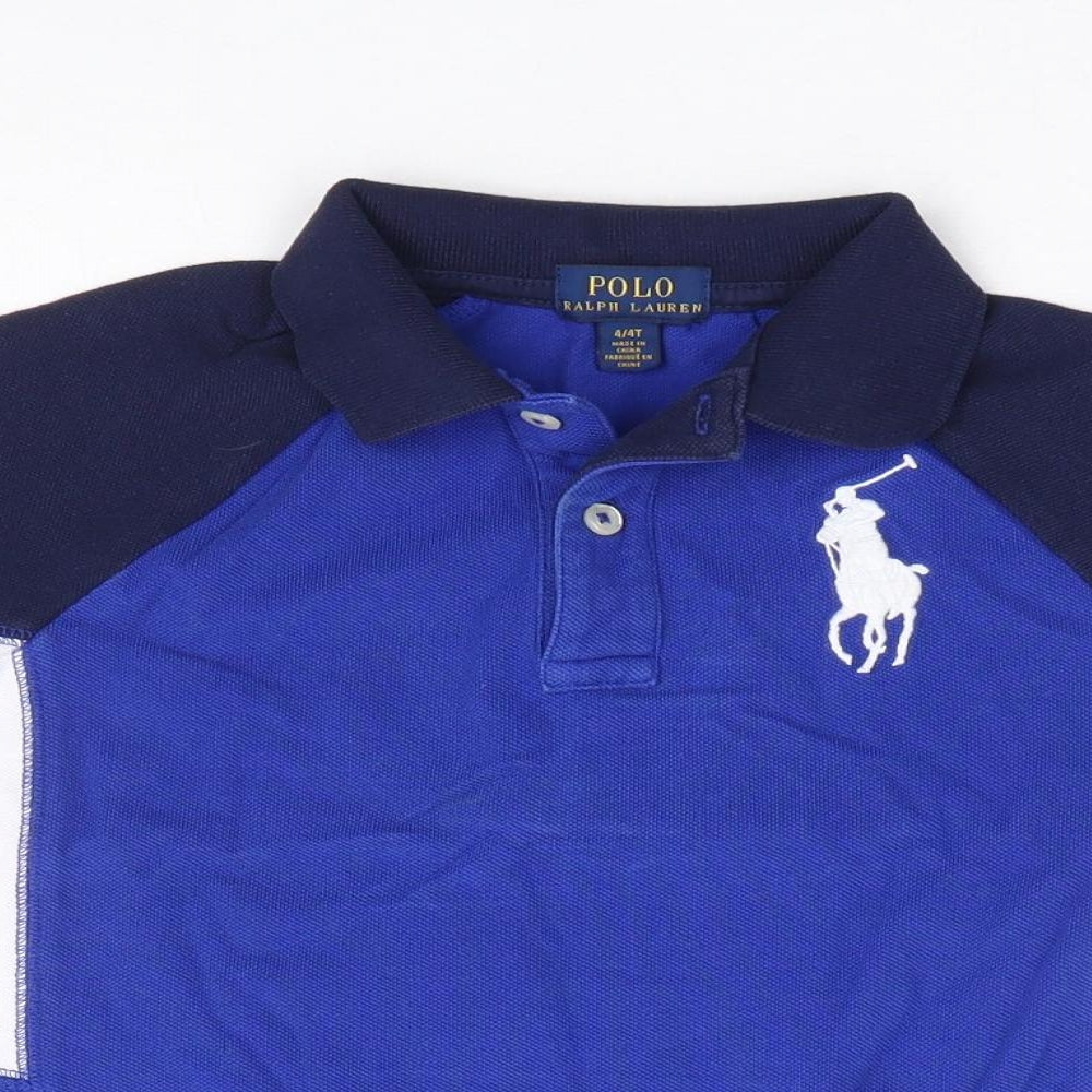 Polo Ralph Lauren Boys Blue 100% Cotton Jersey Polo Size 4 Years Collared Button
