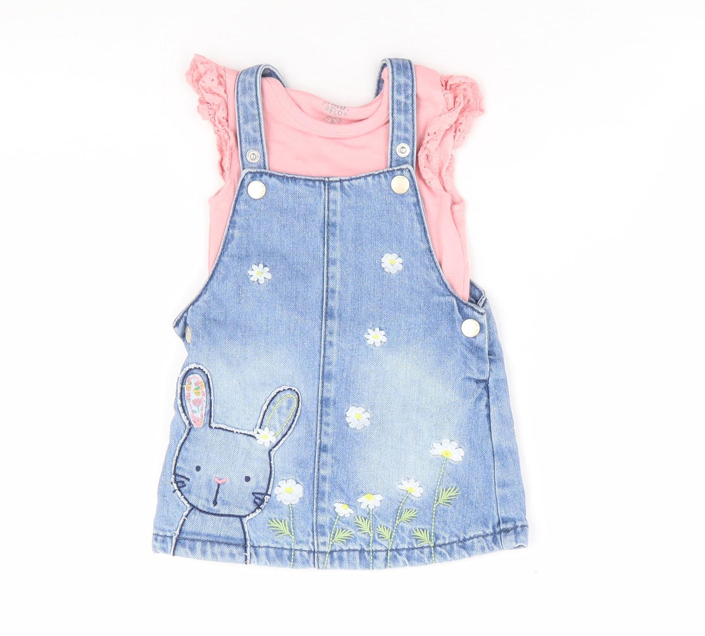 F&F Girls Blue Geometric 100% Cotton Dress Set Outfit/Set Size 3-6 Months Button - Bunny