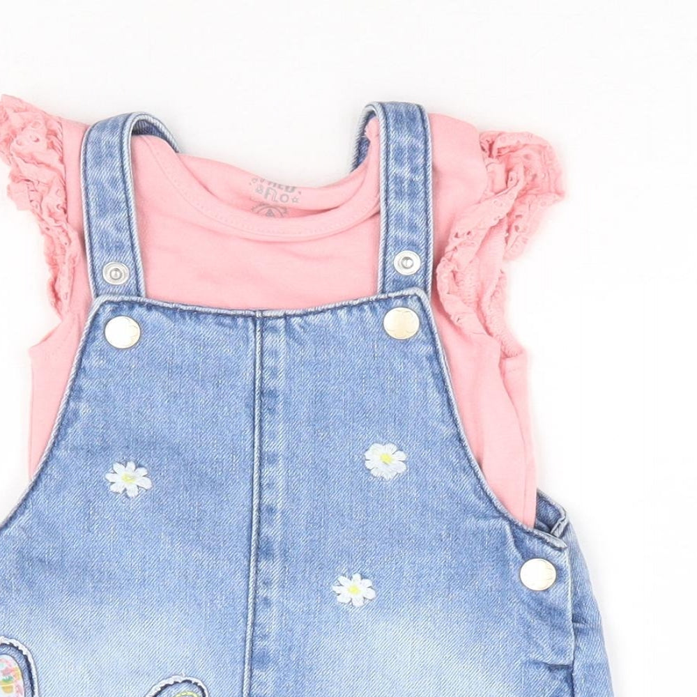 F&F Girls Blue Geometric 100% Cotton Dress Set Outfit/Set Size 3-6 Months Button - Bunny