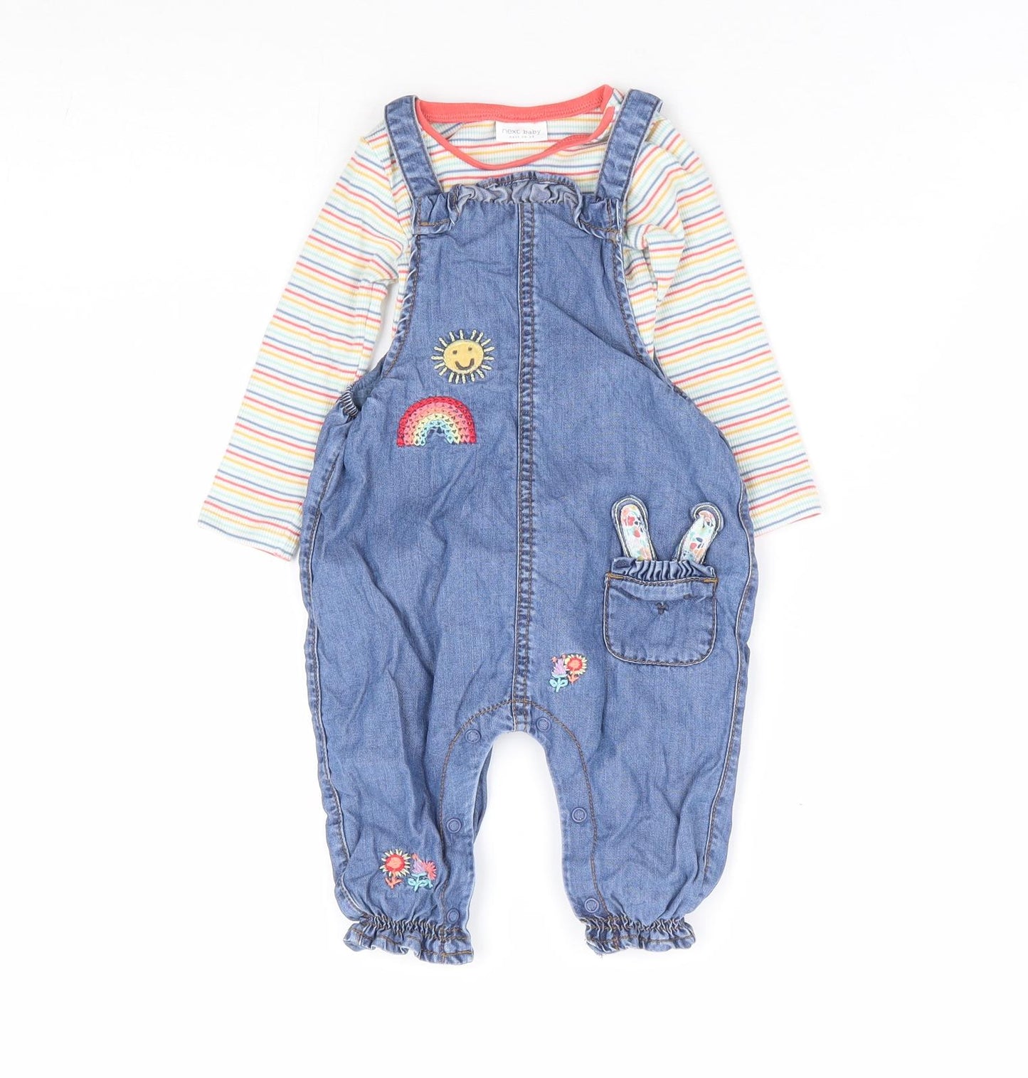 NEXT Girls Multicoloured Striped Lyocell Dungaree Outfit/Set Size 3-6 Months Button - Rainbow Bunny