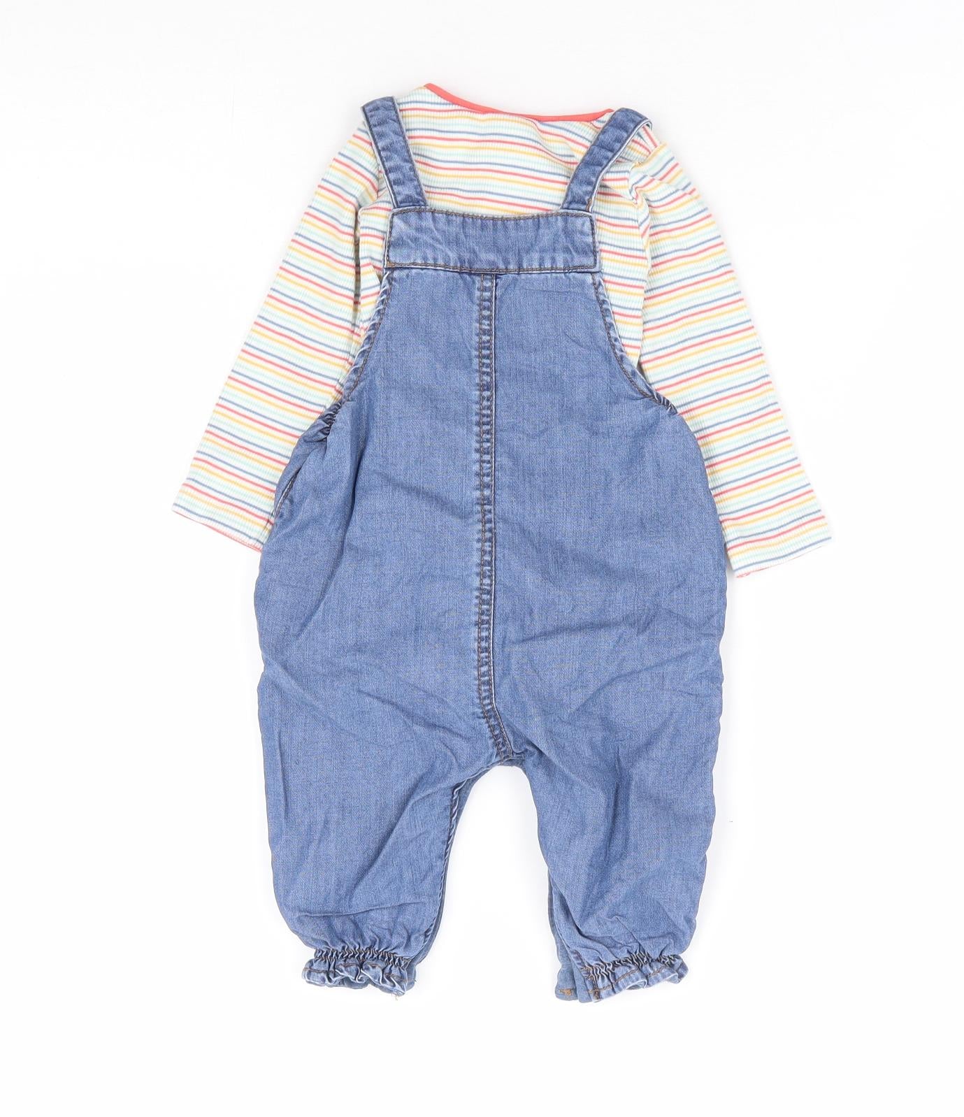 NEXT Girls Multicoloured Striped Lyocell Dungaree Outfit/Set Size 3-6 Months Button - Rainbow Bunny