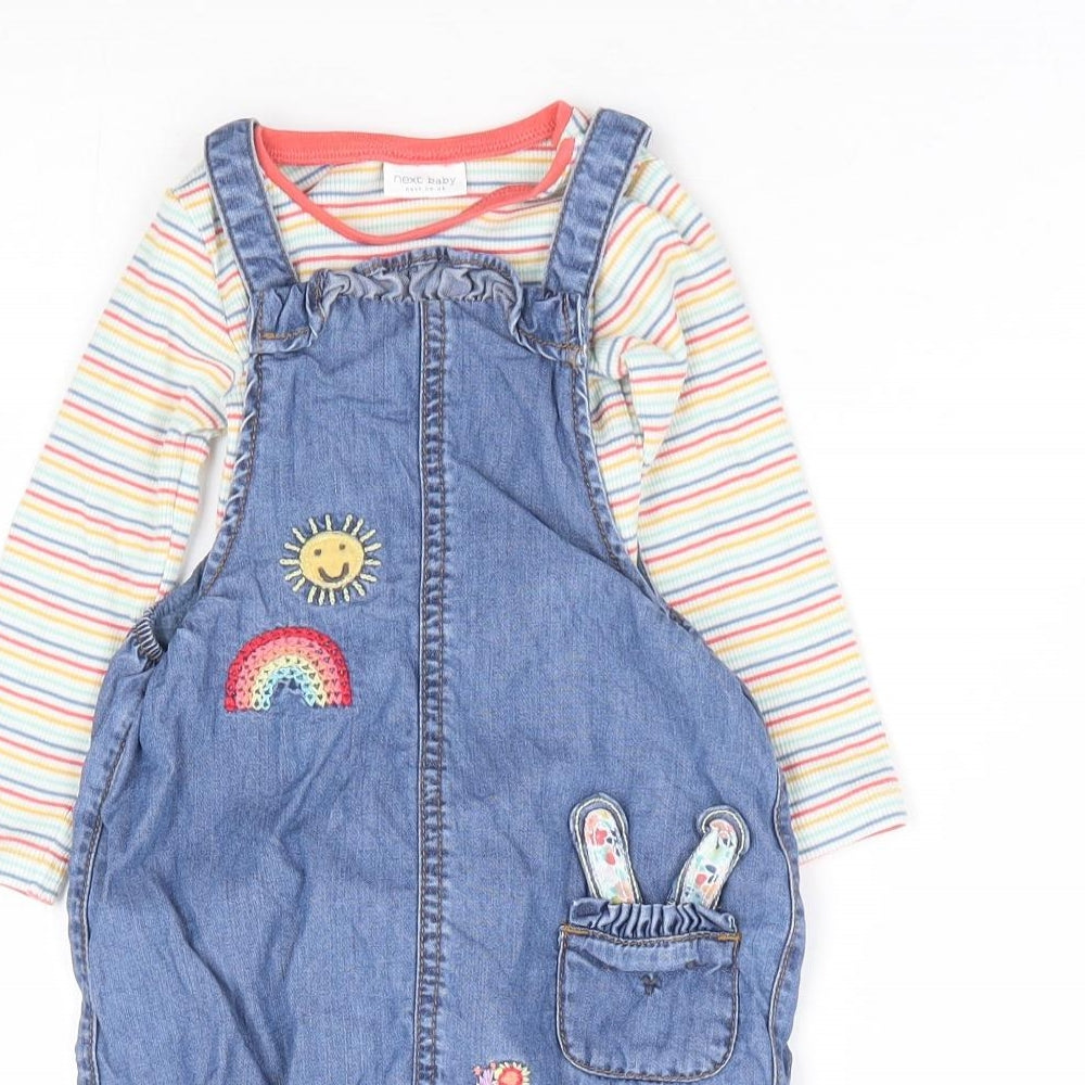NEXT Girls Multicoloured Striped Lyocell Dungaree Outfit/Set Size 3-6 Months Button - Rainbow Bunny