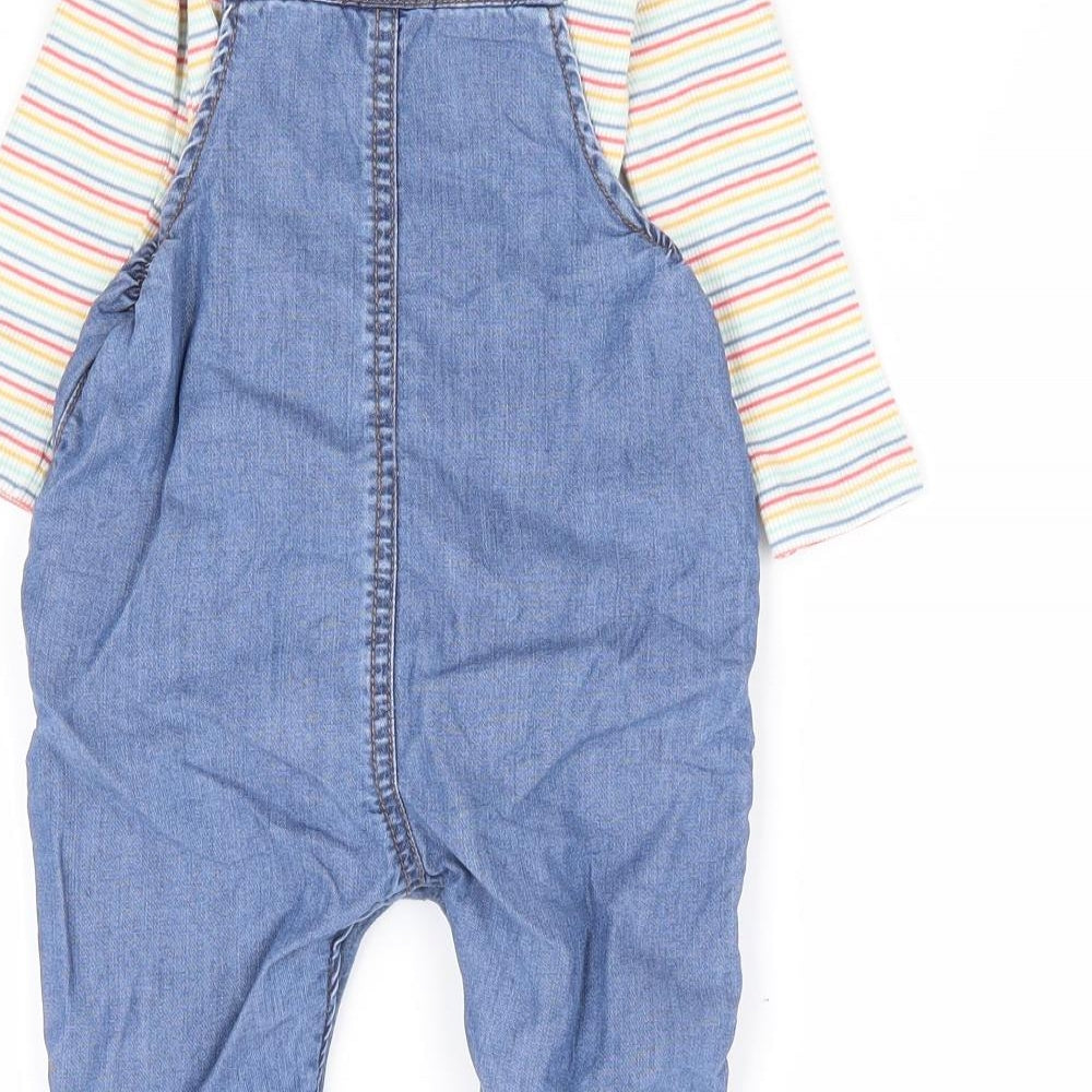 NEXT Girls Multicoloured Striped Lyocell Dungaree Outfit/Set Size 3-6 Months Button - Rainbow Bunny