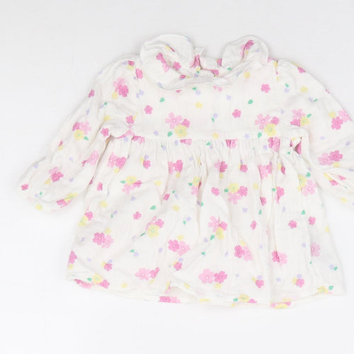 Marks and Spencer Girls White Floral 100% Cotton A-Line Size 3-6 Months Crew Neck Button