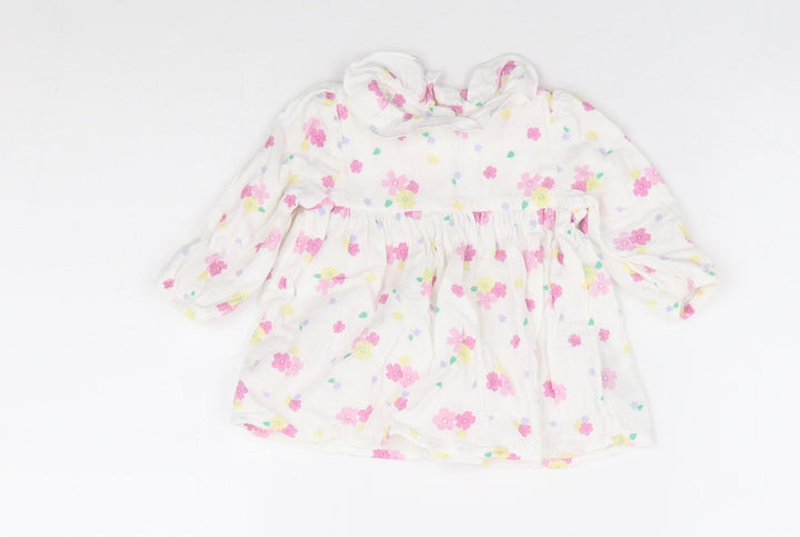 Marks and Spencer Girls White Floral 100% Cotton A-Line Size 3-6 Months Crew Neck Button