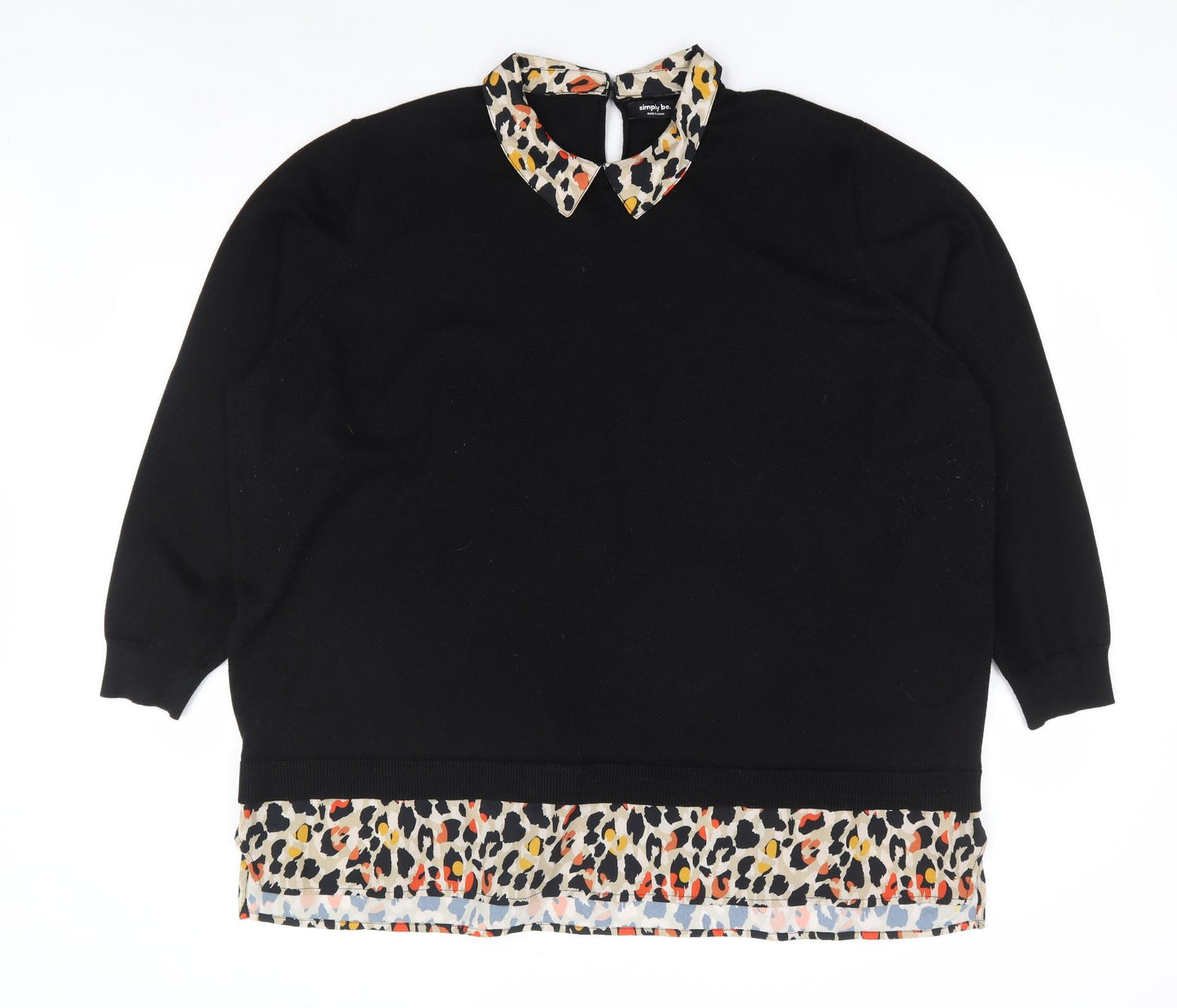 Simply Be Womens Black Collared Animal Print Polyester Pullover Jumper Size 24 - Leopard Print