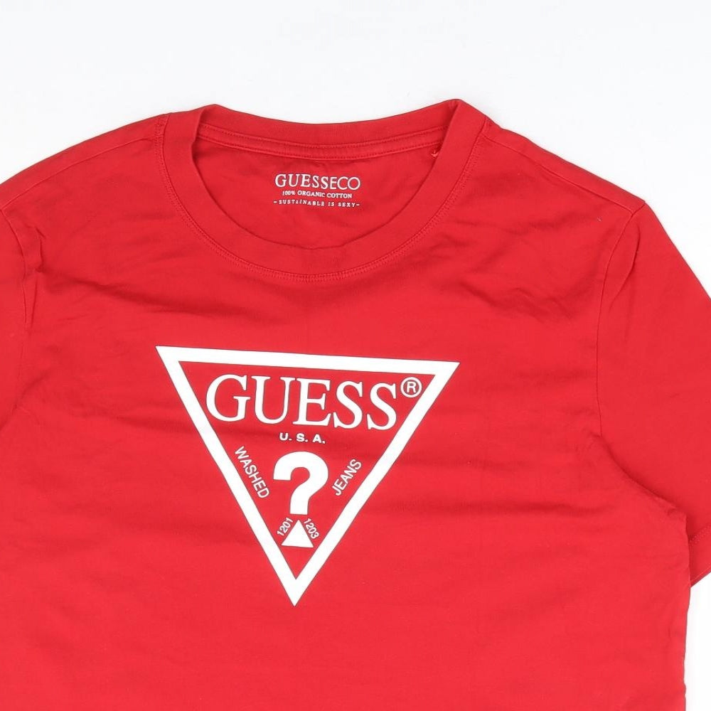 GUESS Womens Red 100% Cotton Basic T-Shirt Size S Round Neck