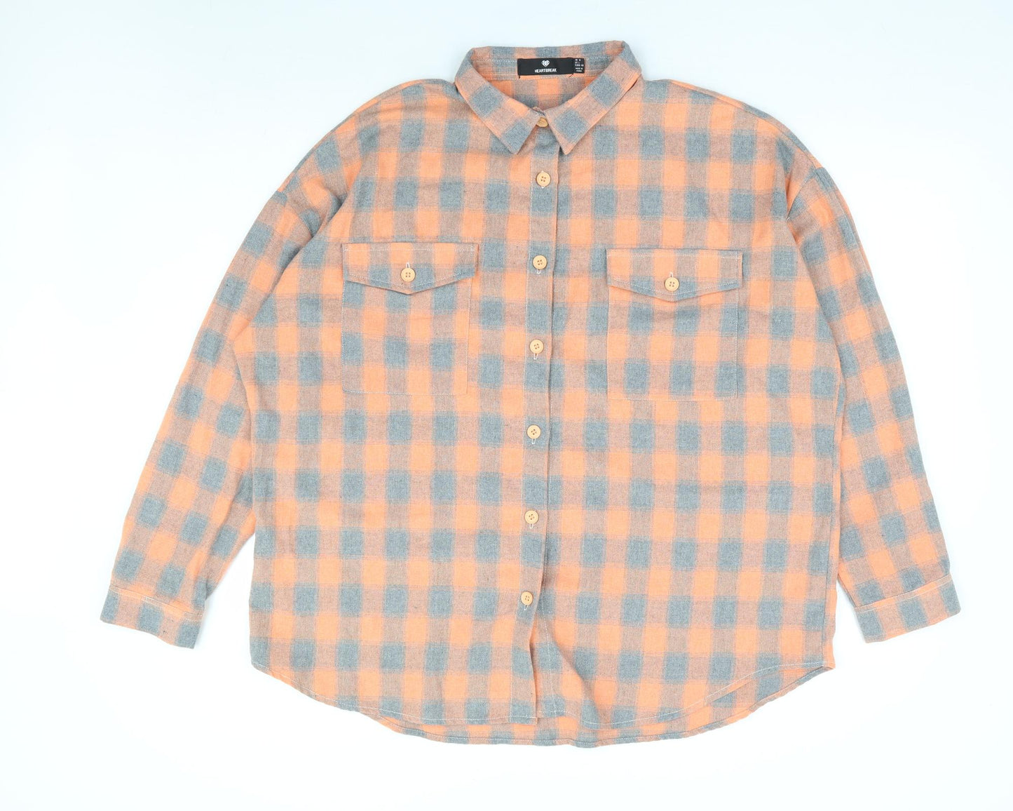 Heartbreak Womens Orange Check Polyester Jersey Button-Up Size 12 Collared
