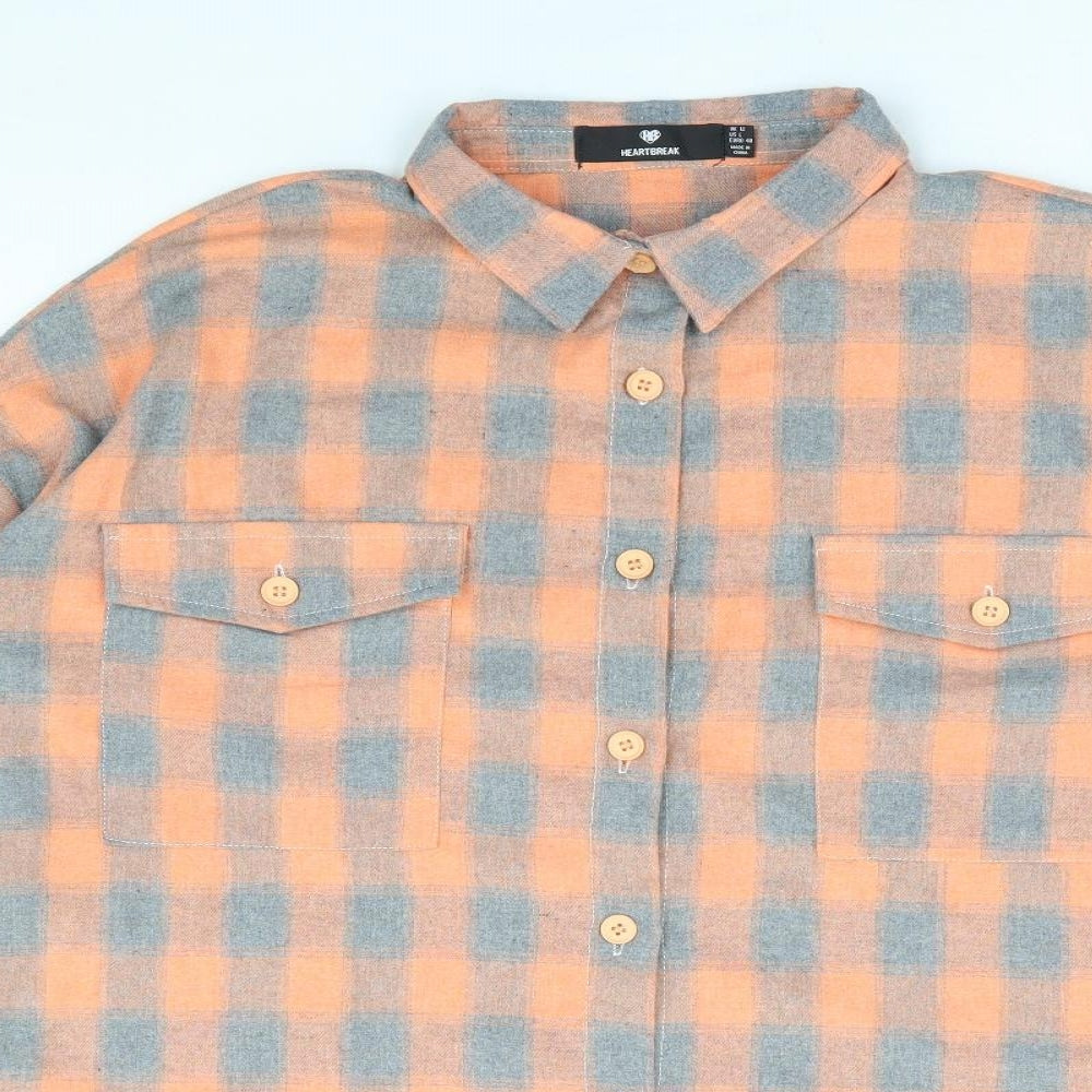 Heartbreak Womens Orange Check Polyester Jersey Button-Up Size 12 Collared