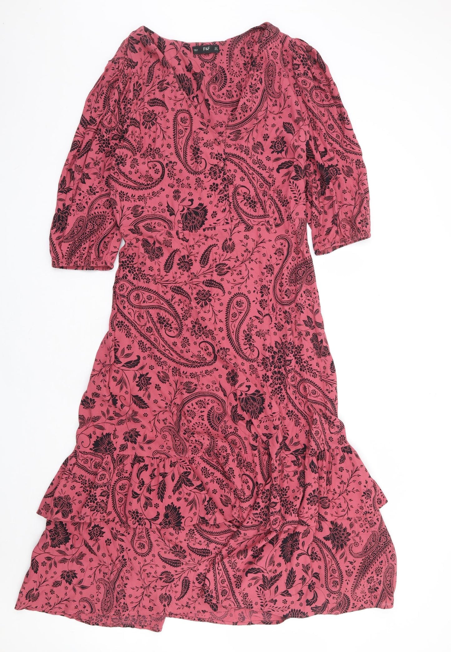 F&F Womens Pink Floral Viscose A-Line Size 12 V-Neck Button - Tiered