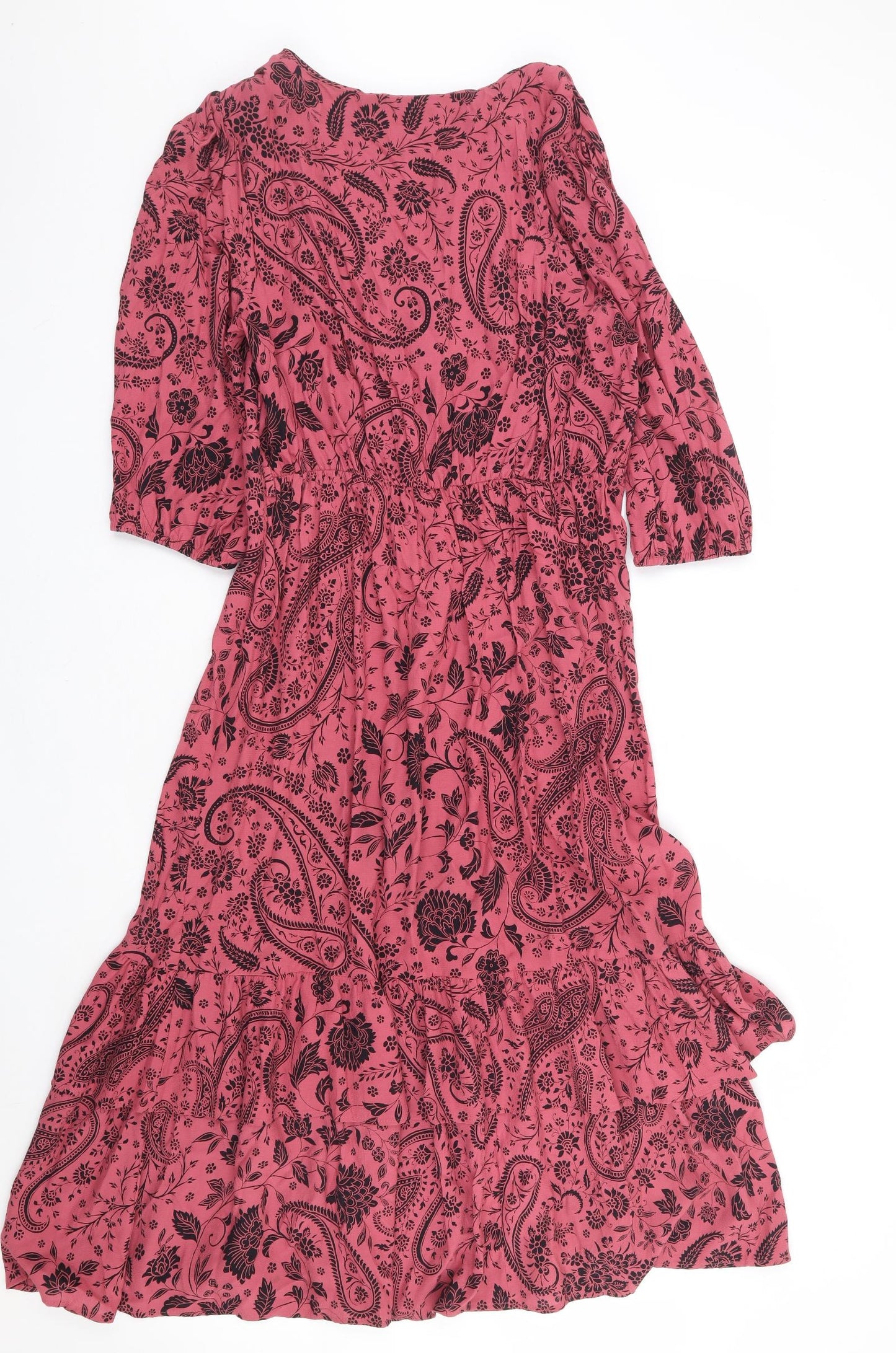 F&F Womens Pink Floral Viscose A-Line Size 12 V-Neck Button - Tiered