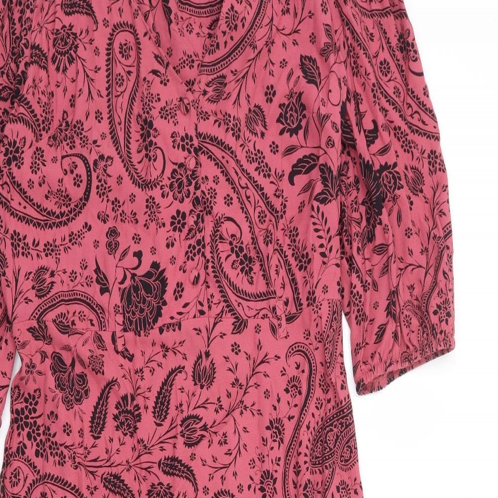 F&F Womens Pink Floral Viscose A-Line Size 12 V-Neck Button - Tiered