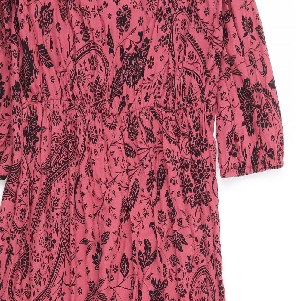 F&F Womens Pink Floral Viscose A-Line Size 12 V-Neck Button - Tiered