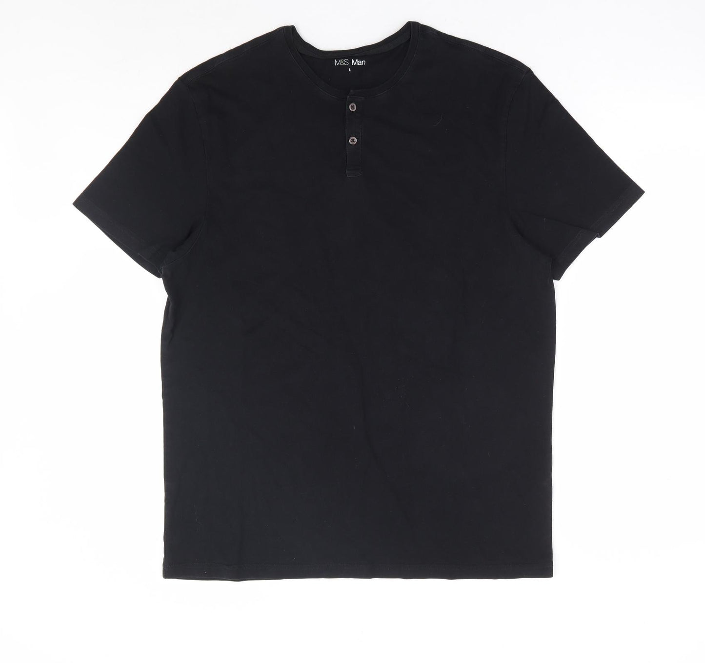 Marks and Spencer Mens Black Cotton T-Shirt Size L Henley