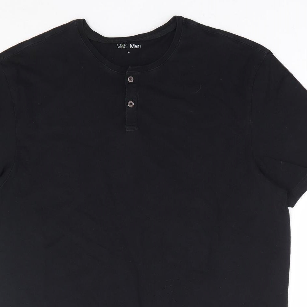 Marks and Spencer Mens Black Cotton T-Shirt Size L Henley