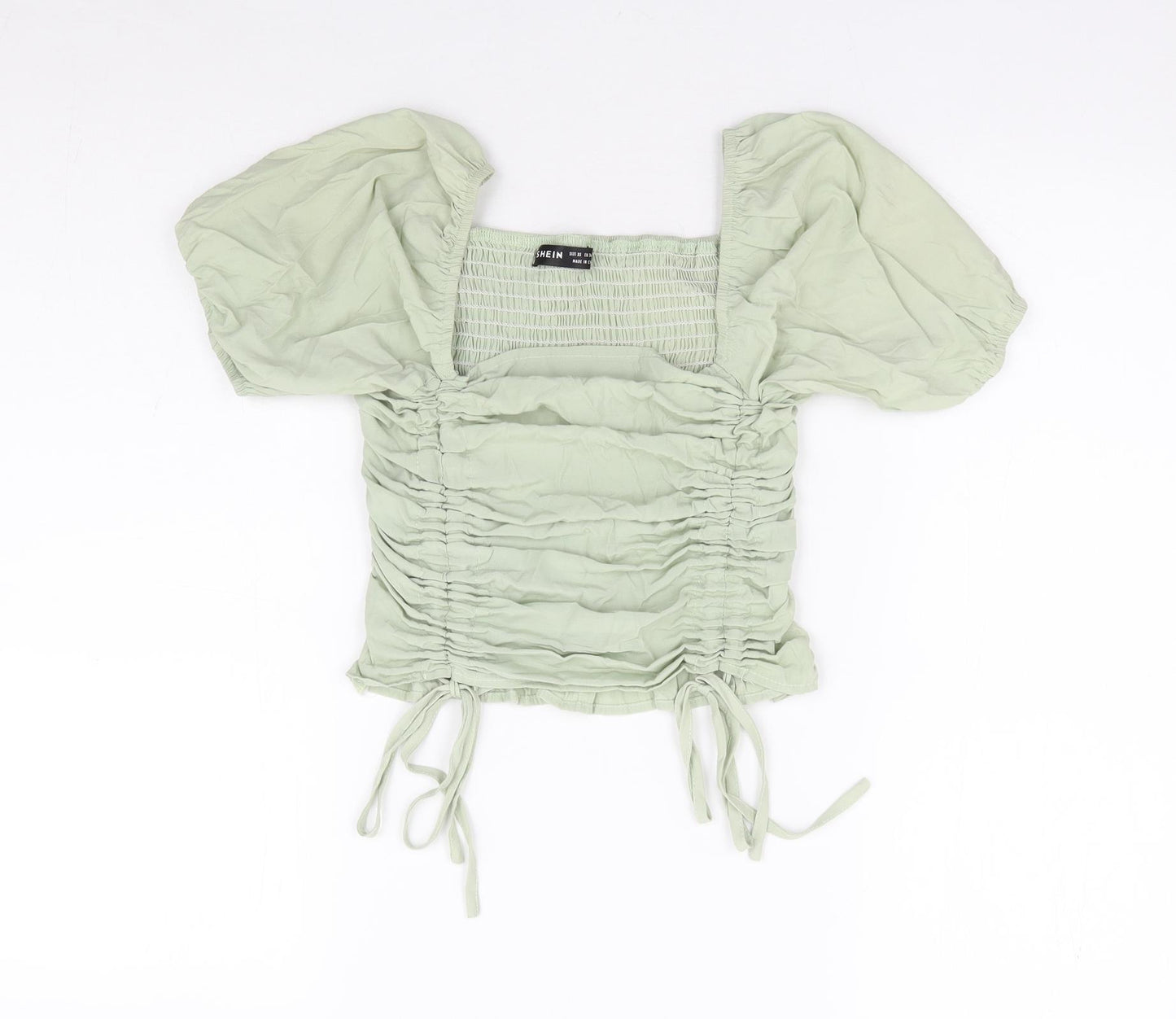 SheIn Womens Green Cotton Basic Blouse Size XS Square Neck - Puff Sleeve
