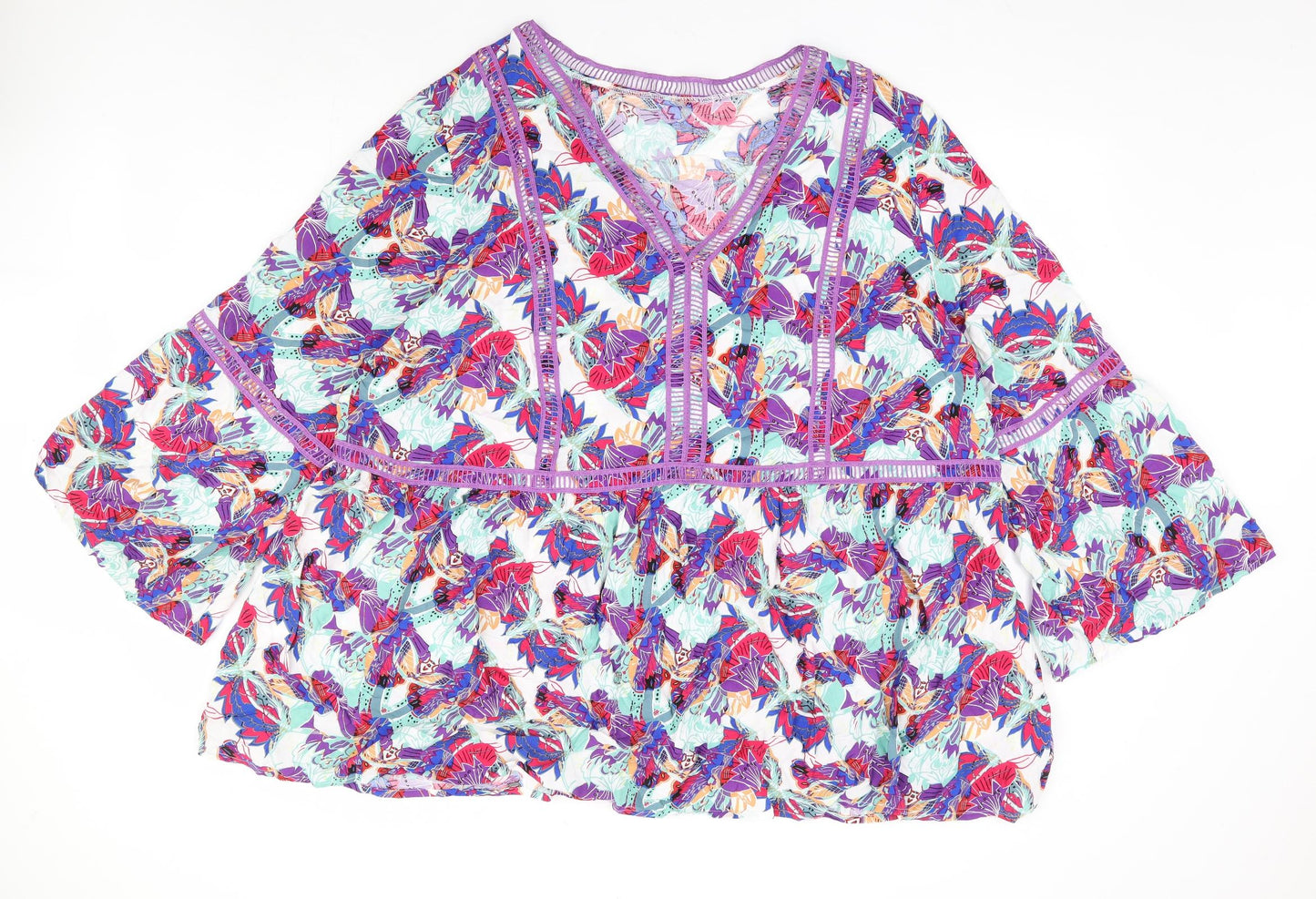 Preworn Womens Multicoloured Floral Viscose Kimono Blouse Size 2XL V-Neck