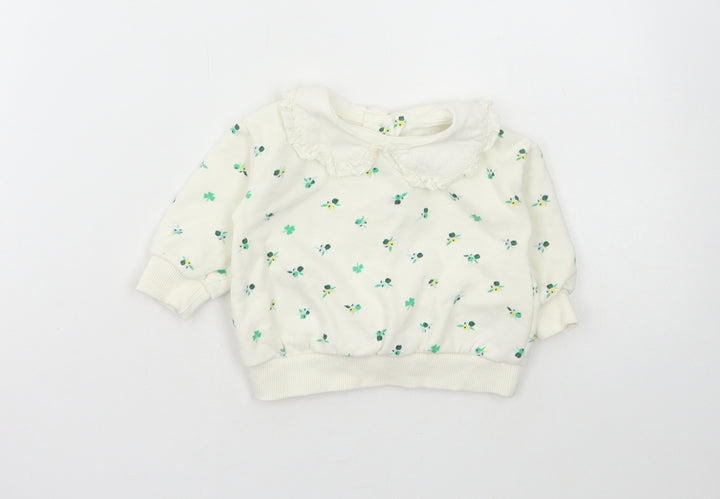 Leigh Tucker Girls White Floral Cotton Pullover Jumper Size 3-6 Months Snap