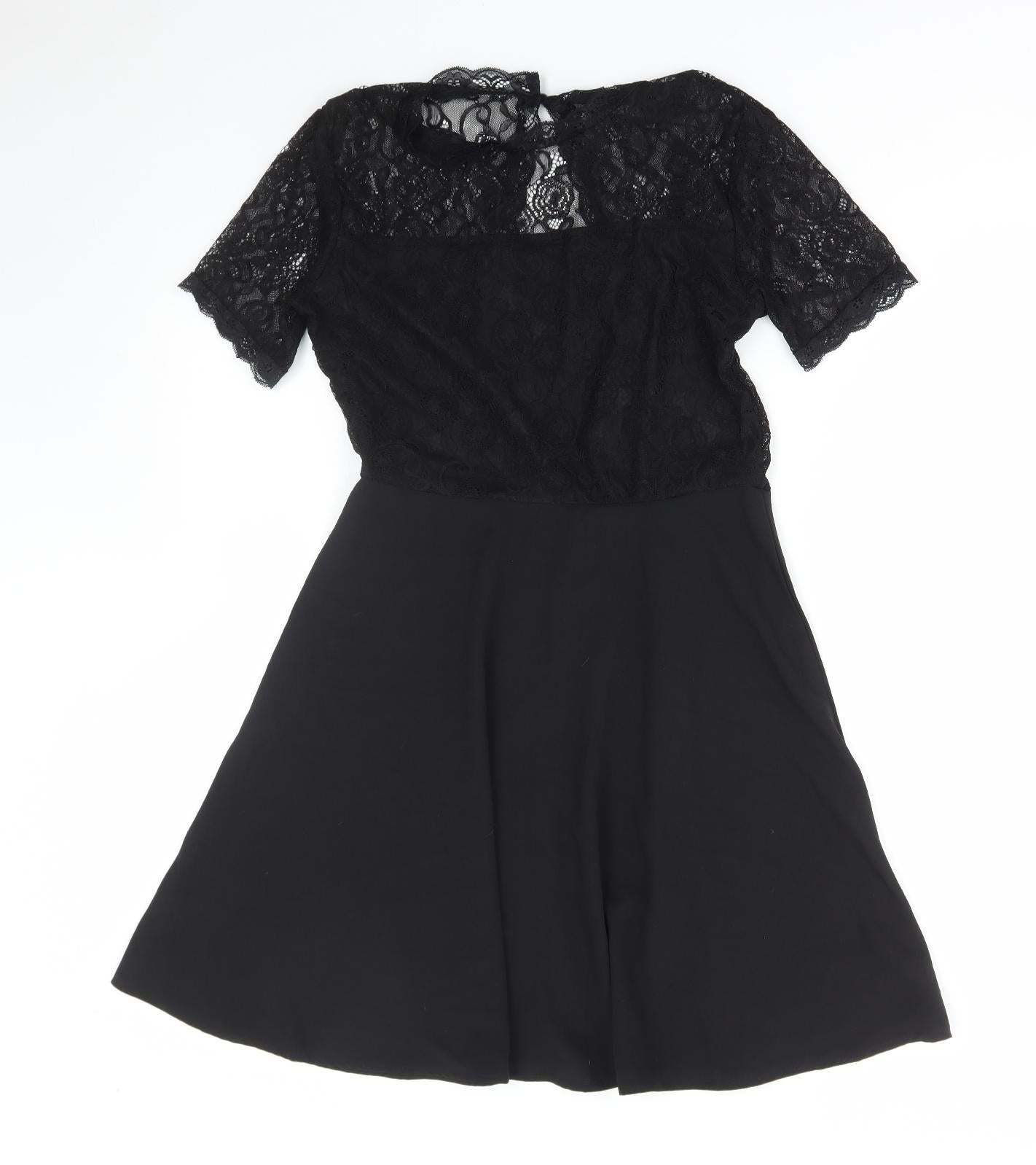 SheIn Womens Black Floral Polyester Skater Dress Size M High Neck Zip - Lace Detail