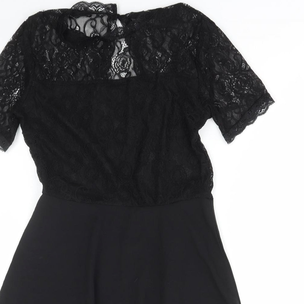 SheIn Womens Black Floral Polyester Skater Dress Size M High Neck Zip - Lace Detail