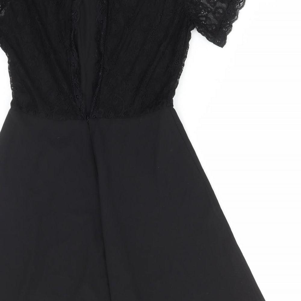 SheIn Womens Black Floral Polyester Skater Dress Size M High Neck Zip - Lace Detail