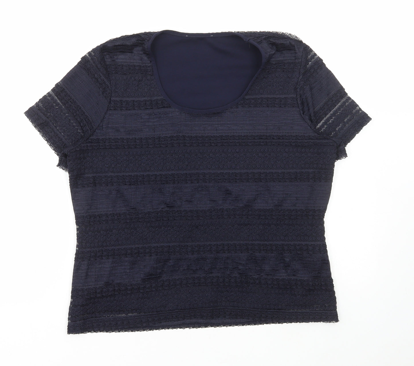 Preworn Womens Blue Polyester Basic T-Shirt Size L Scoop Neck - Lace Detail