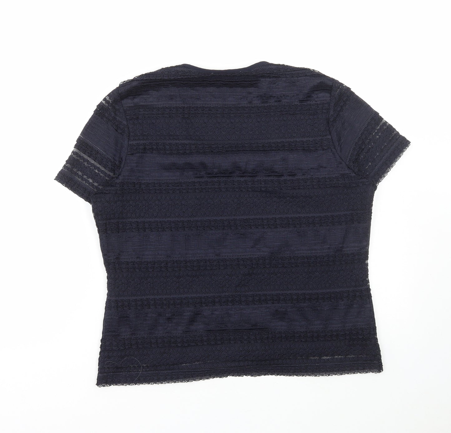 Preworn Womens Blue Polyester Basic T-Shirt Size L Scoop Neck - Lace Detail