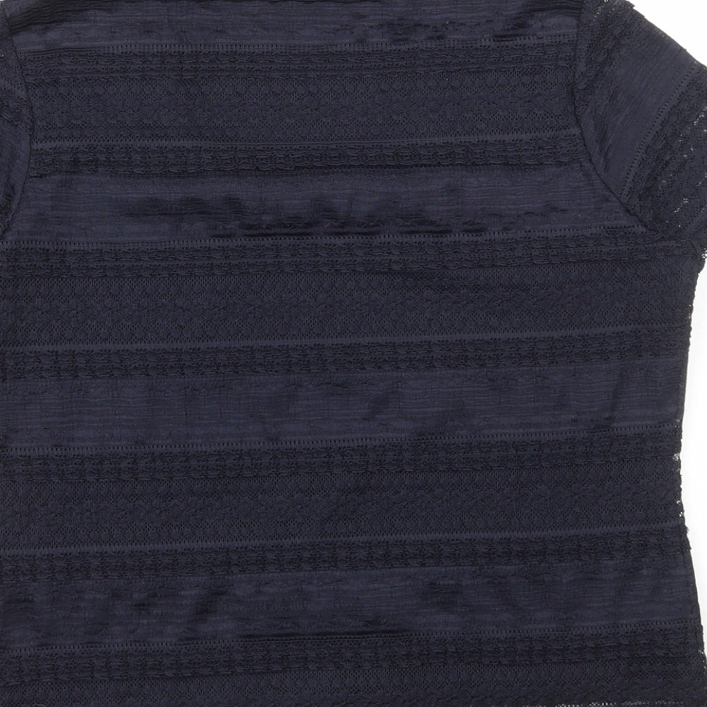Preworn Womens Blue Polyester Basic T-Shirt Size L Scoop Neck - Lace Detail