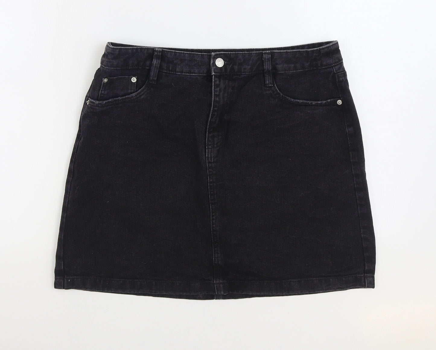 F&F Womens Black Cotton Mini Skirt Size 14 Zip