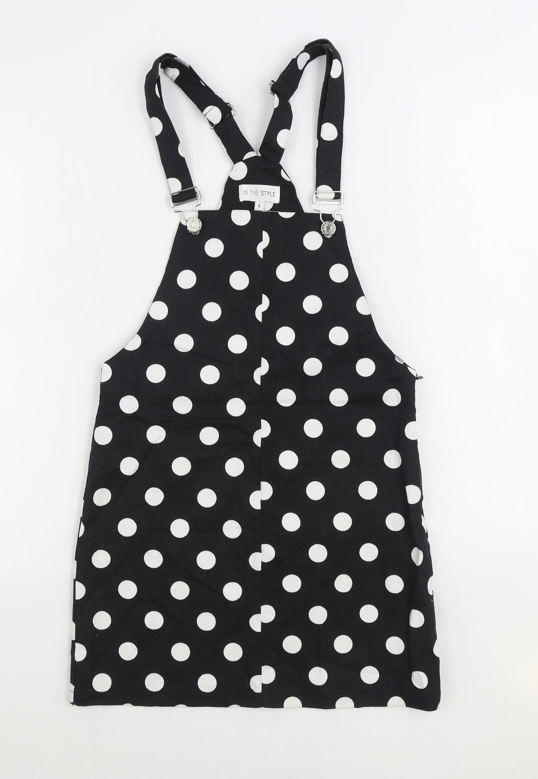 In the Style Womens Black Polka Dot Cotton Pinafore/Dungaree Dress Size 8 Square Neck Buckle