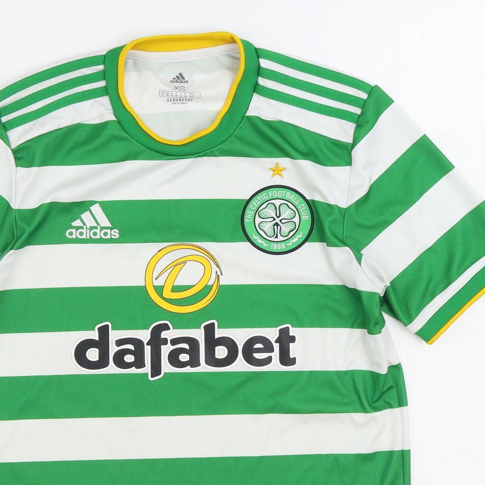 adidas Mens Green Striped Polyester Basic T-Shirt Size XS Round Neck Pullover - The Celtic Football Club