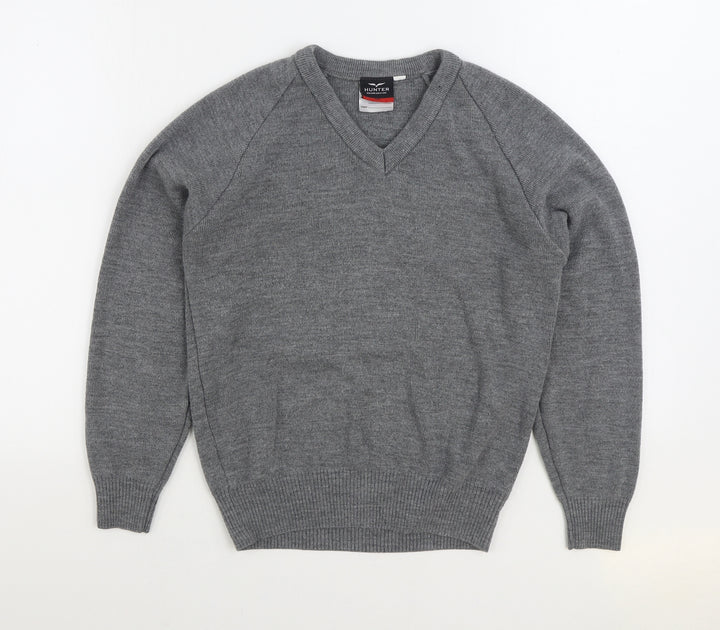 Hunter Mens Grey V-Neck Acrylic Pullover Jumper Size S