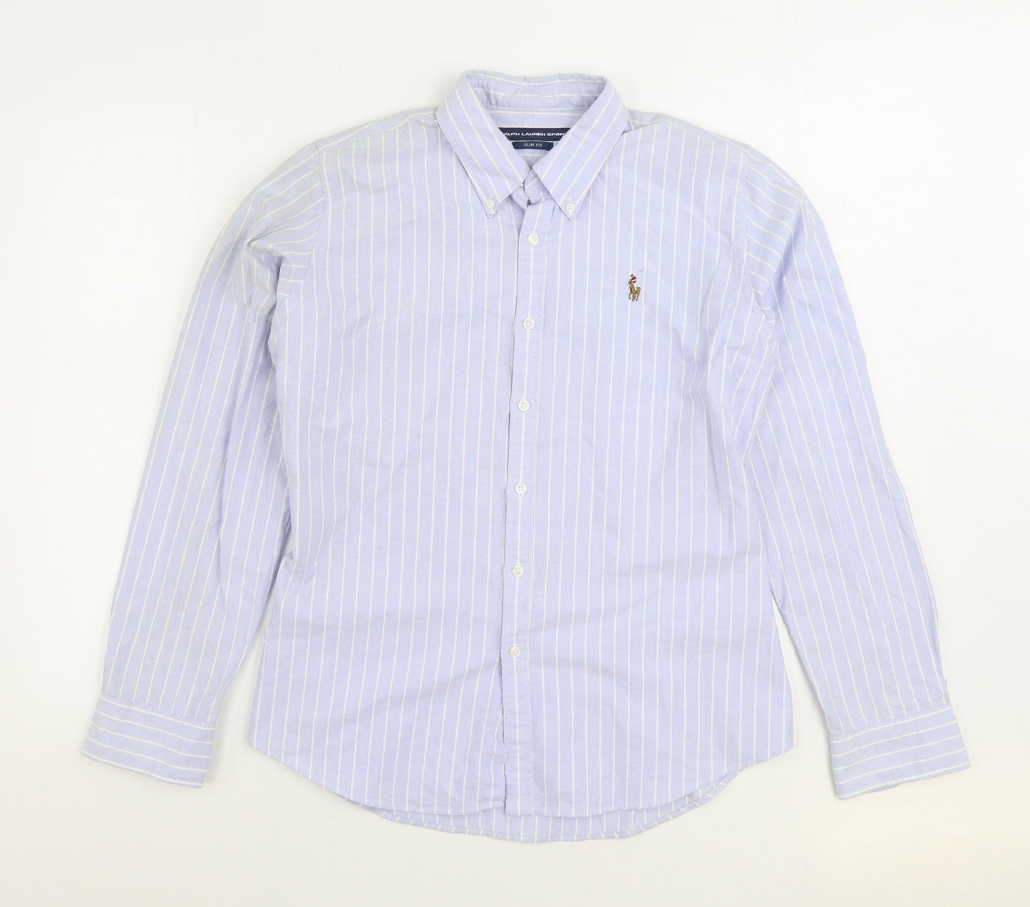 Ralph Lauren Sport Womens Blue Striped 100% Cotton Basic Button-Up Size 12 Collared