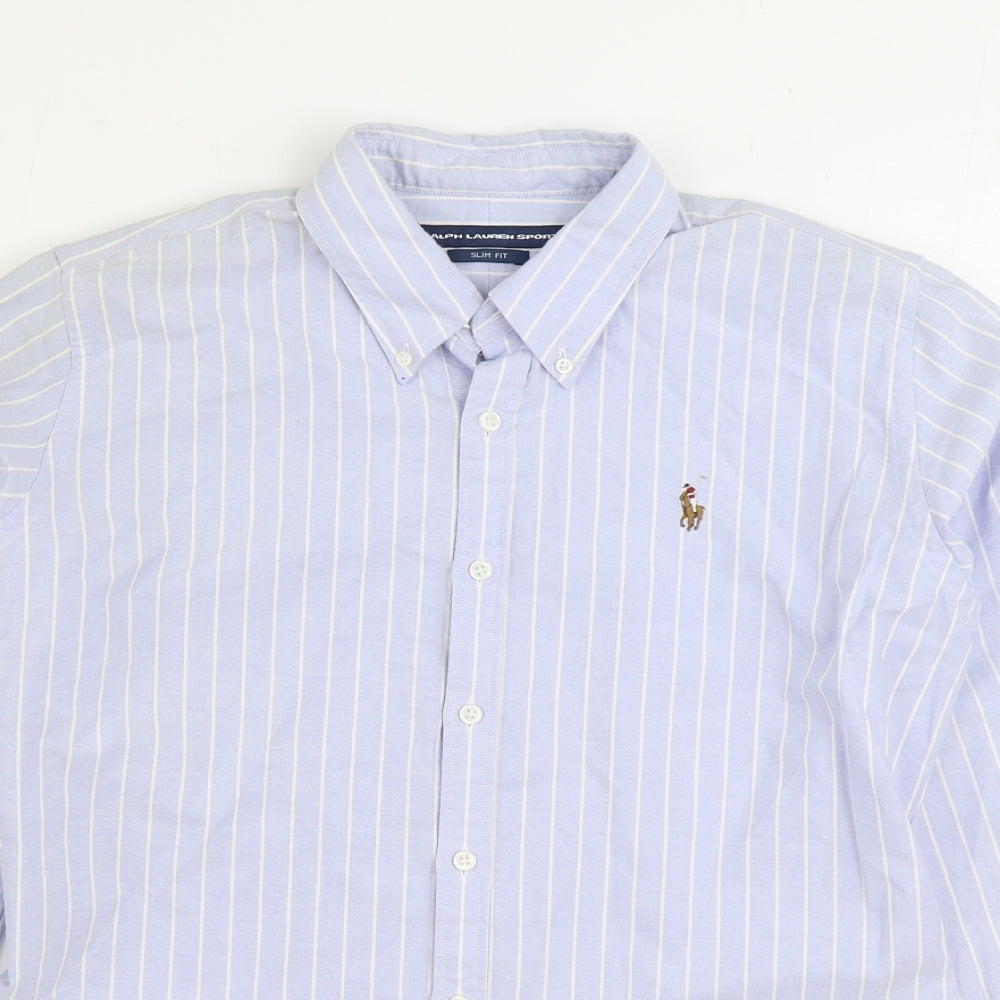 Ralph Lauren Sport Womens Blue Striped 100% Cotton Basic Button-Up Size 12 Collared