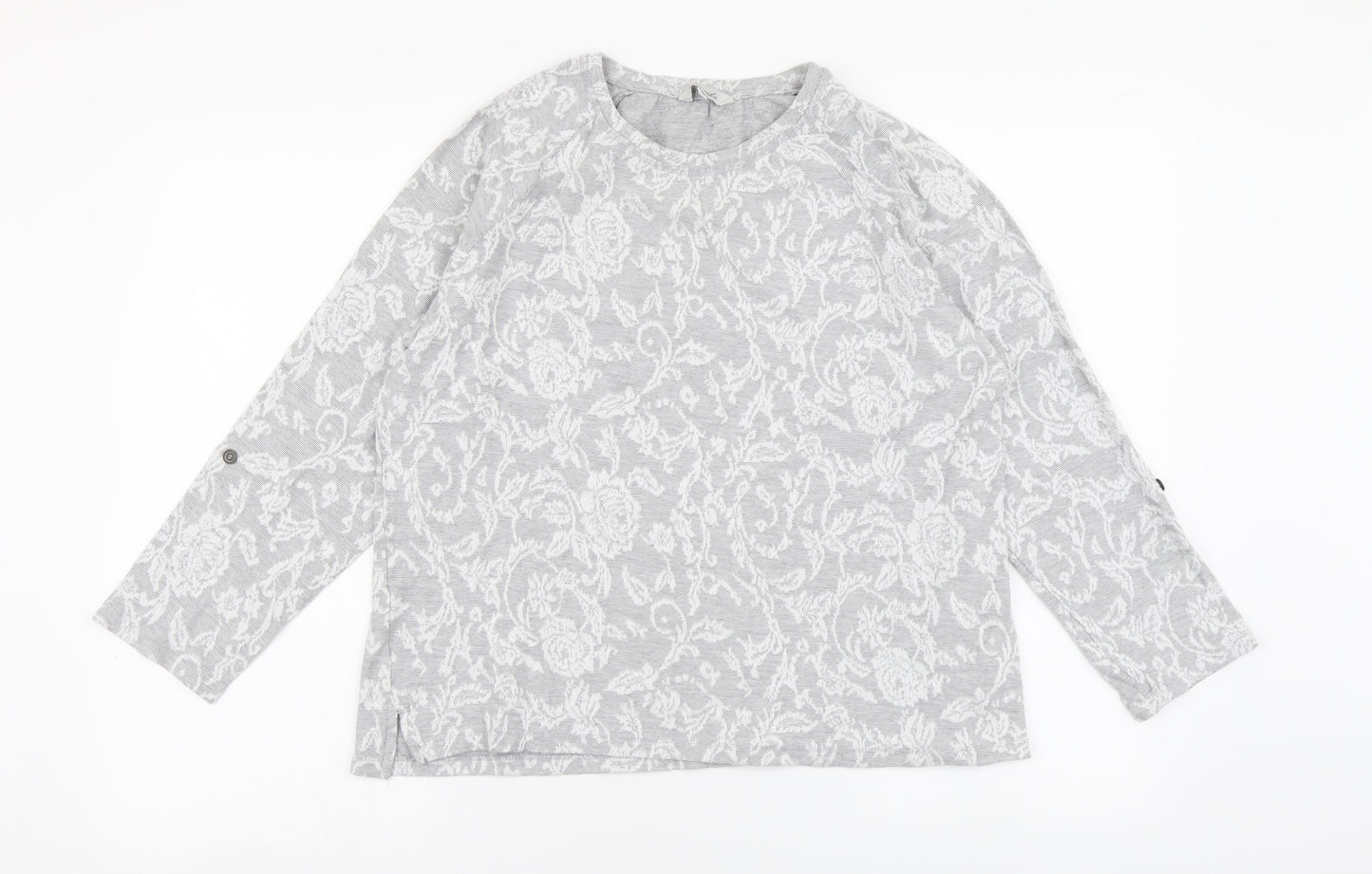 Peacocks Womens Grey Floral Cotton Basic T-Shirt Size 14 Round Neck