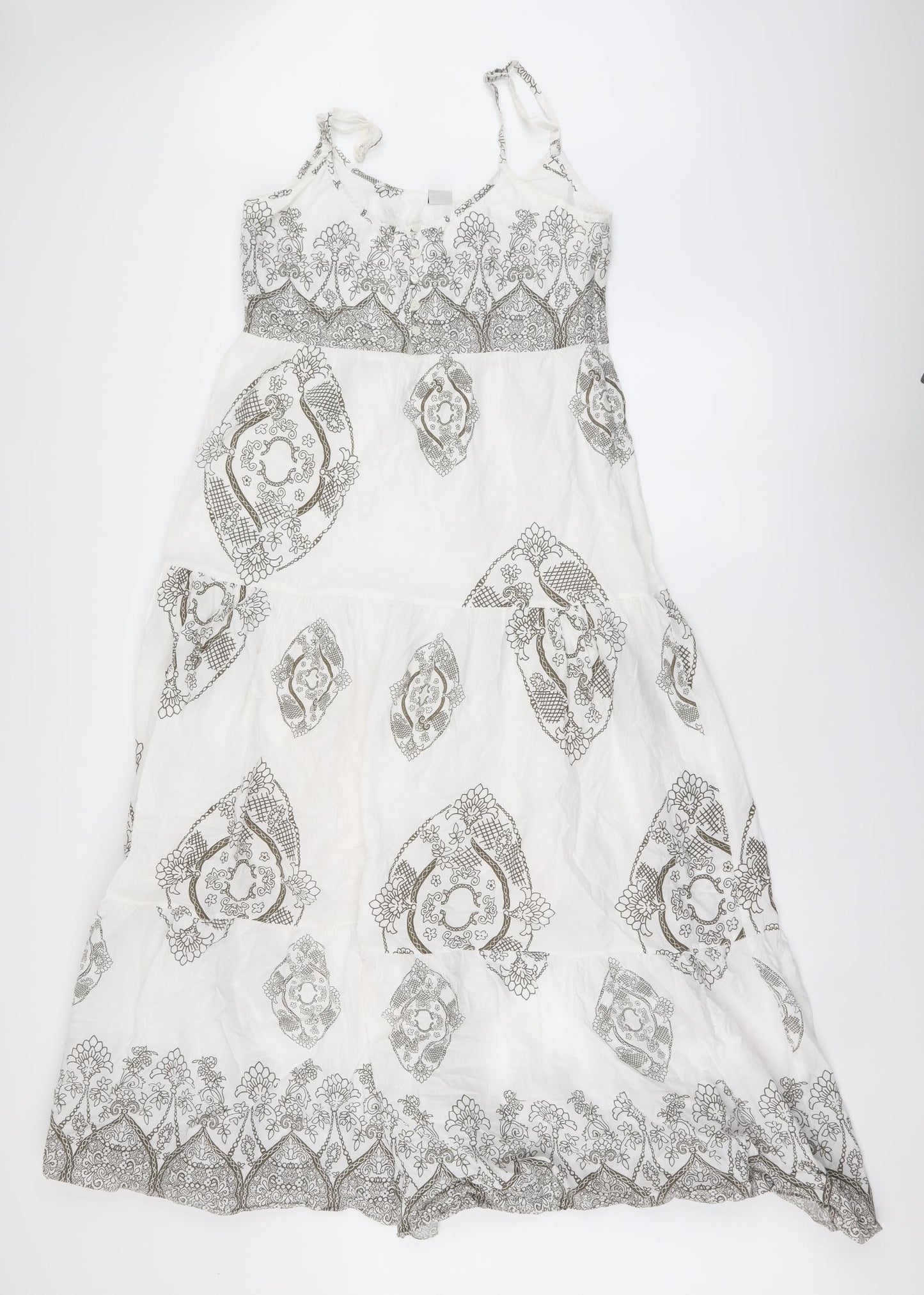 New Look Womens White Geometric 100% Cotton Maxi Size 12 Round Neck Button